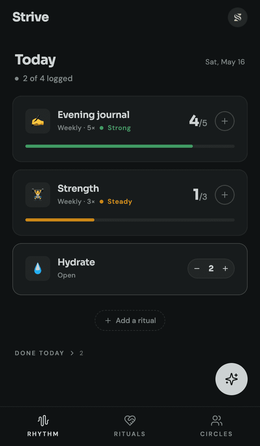 Strive Rhythm screen showing today's rituals at a glance